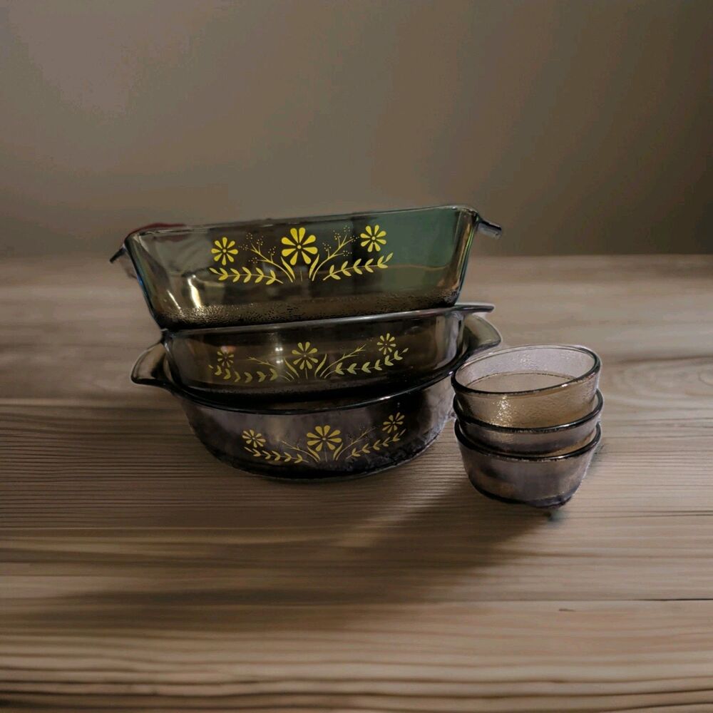 Vintage 1970s Glasbake Yellow Daisy Glass Bakeware 6 Piece Set Pyrex Retro Dish
